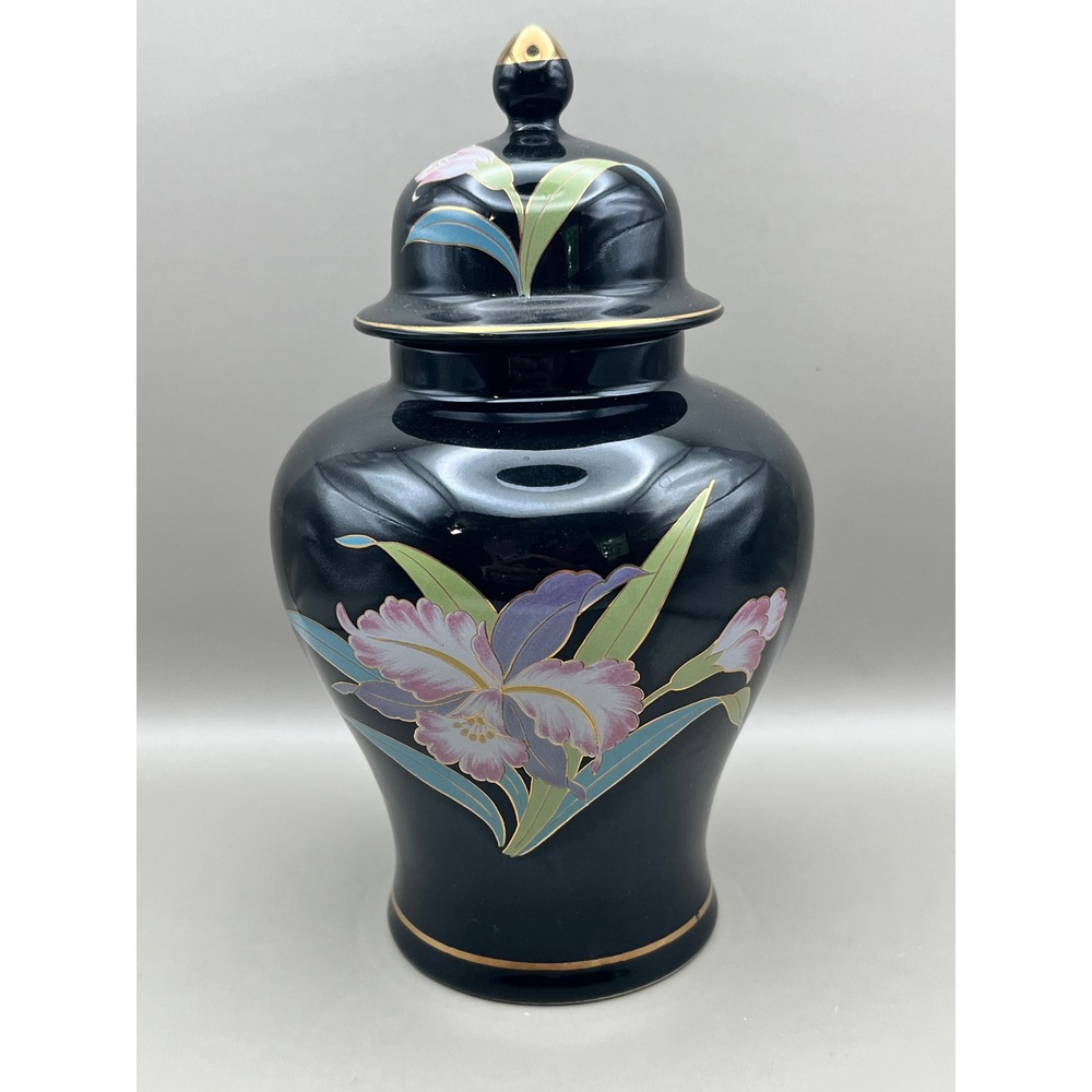 Vtg Otagiri Japan Black Orchid Ginger Jar Porcelain Vase w/ Lid 8.25" Decorative